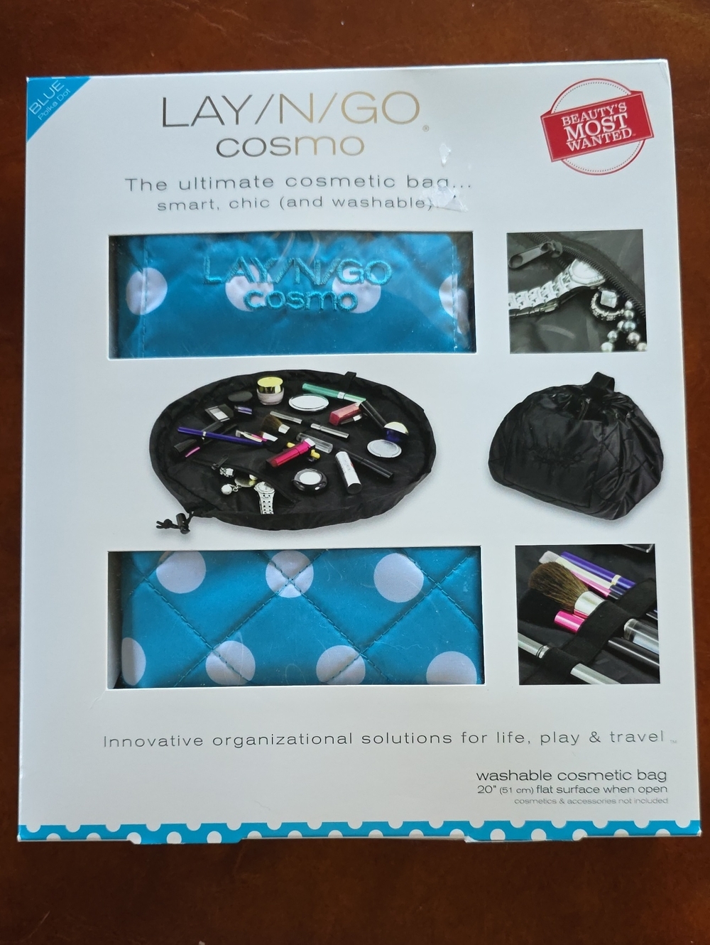 LAY N GO Cosmo Blue Polka Dot Washable Cosmetic Bag